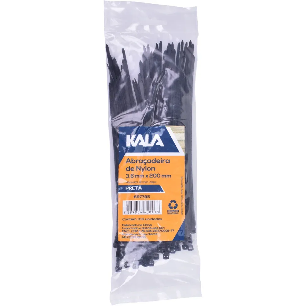 Abraçadeira Nylon 3,6mm x 200mm Preta 100 Peças Kala