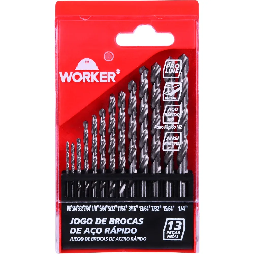 Jogo de Broca em Aço Rápido 1/16"-1/4" 13 Peças Worker