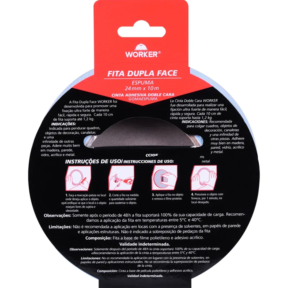 Fita Dupla Face Espuma Uso Externo e Interno 24mmx1,5m Worker - Imagem 5