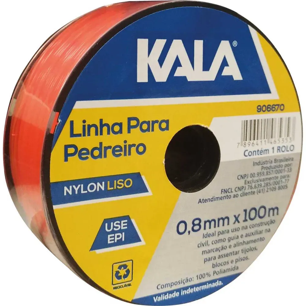 Linha Pedreiro Nylon Laranja 0,80mm X 100mts Kala