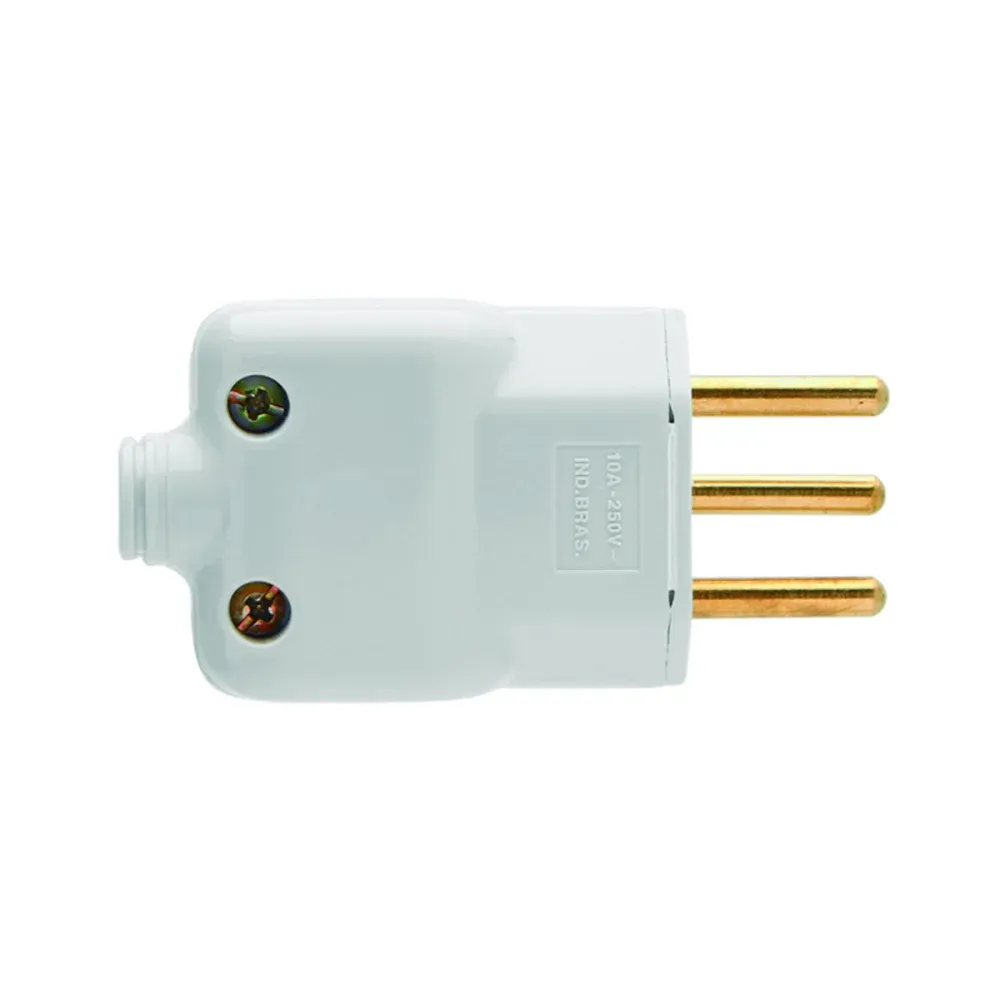Plugue Macho 3 Pinos Prensa Cabo 10A Branco Ilumi