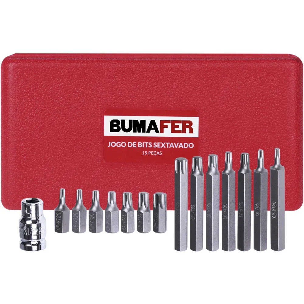 Jogo de Bits Sextavado em Cromo Vanádio 15 Peças 1/2" Bumafer