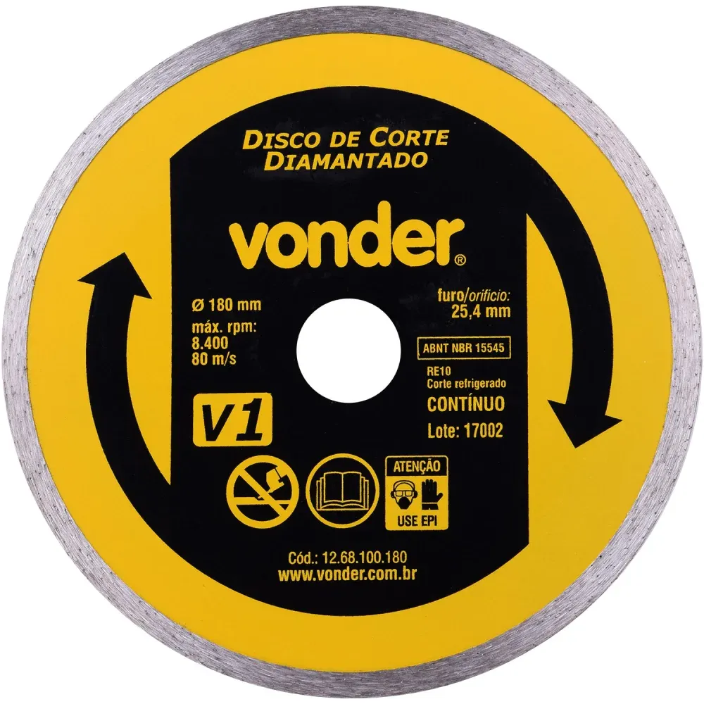 Disco de corte diamantado, 180 mm, contínuo, V1, VONDER