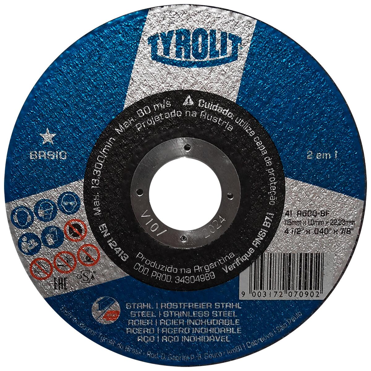 Disco de Corte Fino Basic para Aço Inox 4.1/2"x1mm Tyrolit
