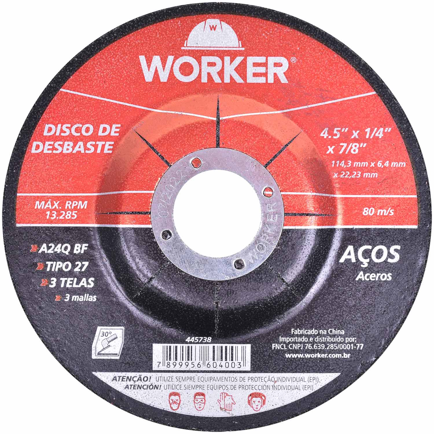 Disco de Desbaste para Aço com 3 Telas 4.5"x1/4"x7/8"Worker