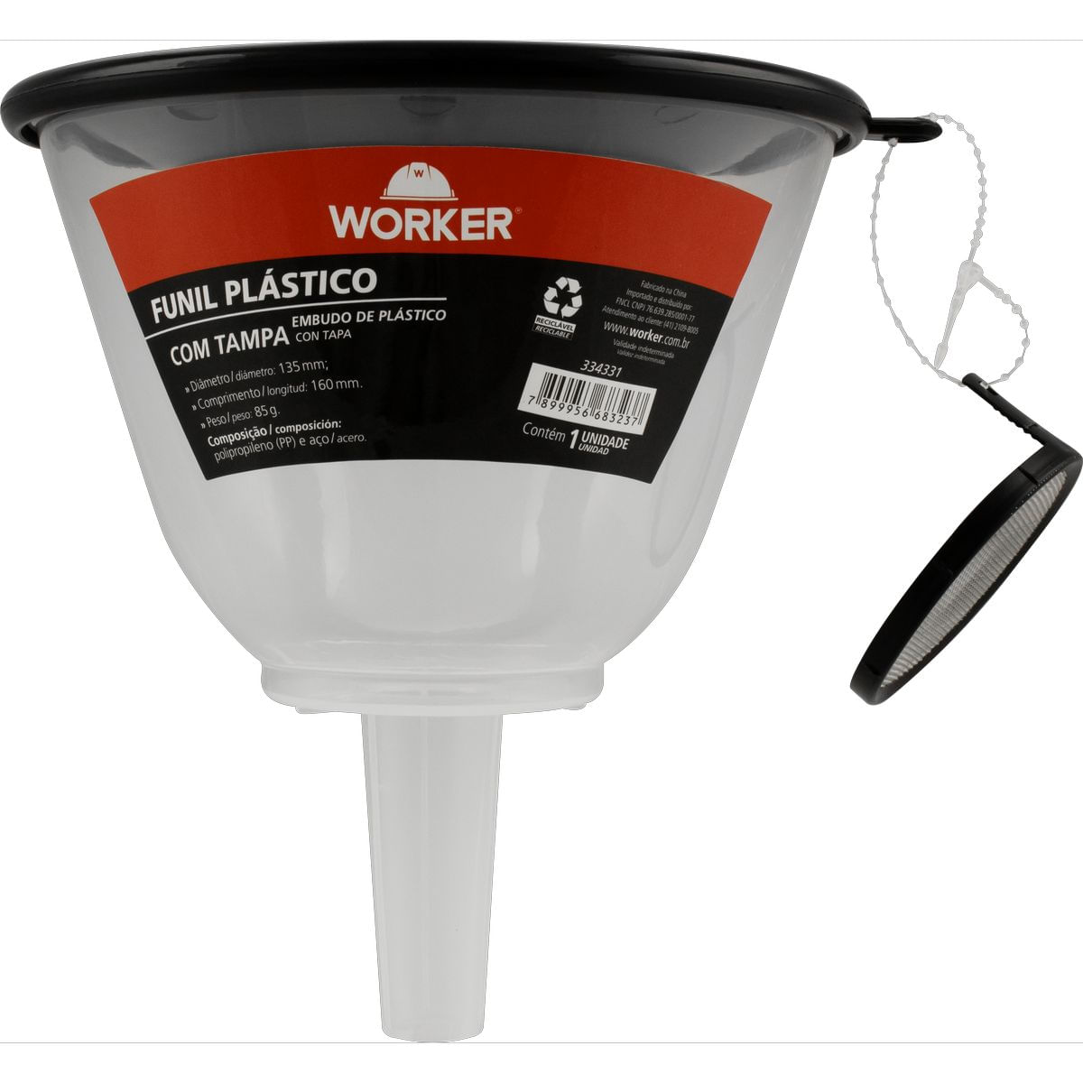 Funil Plástico 135MM Com Tampa Worker