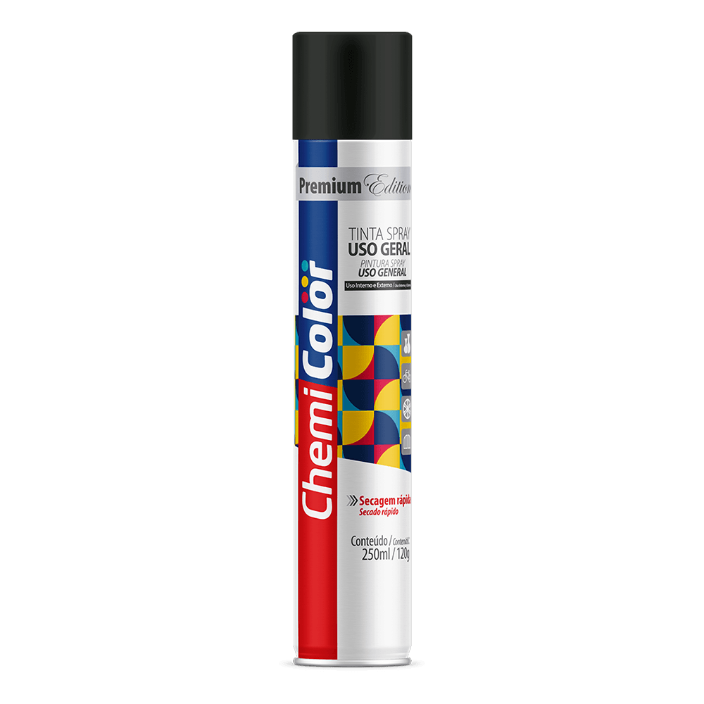 Tinta Spray Uso Geral 250ml/120g Preto Brilhante CHEMICOLOR