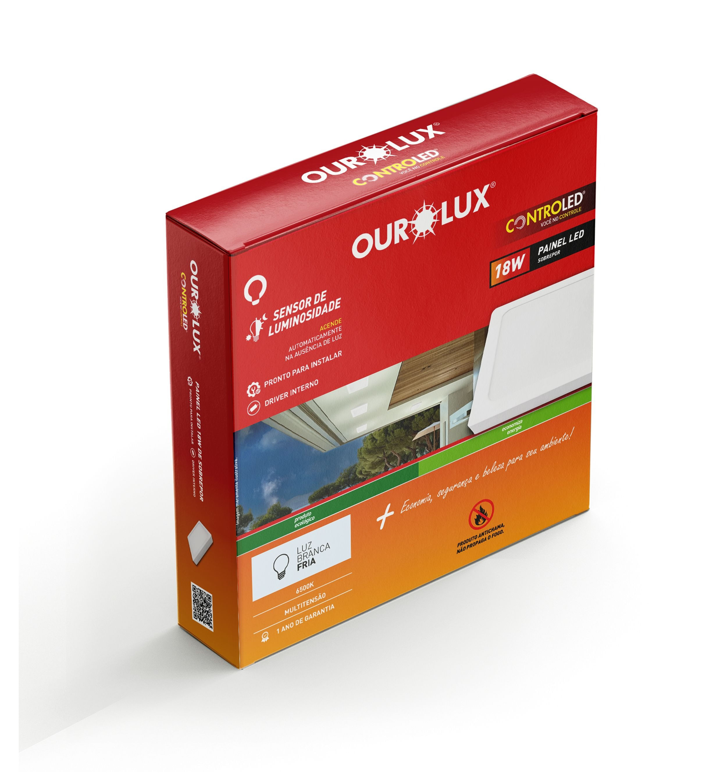 Painel LED com Sensor de Luminosidade Quadrado Sobrepor 6500K - Ourolux