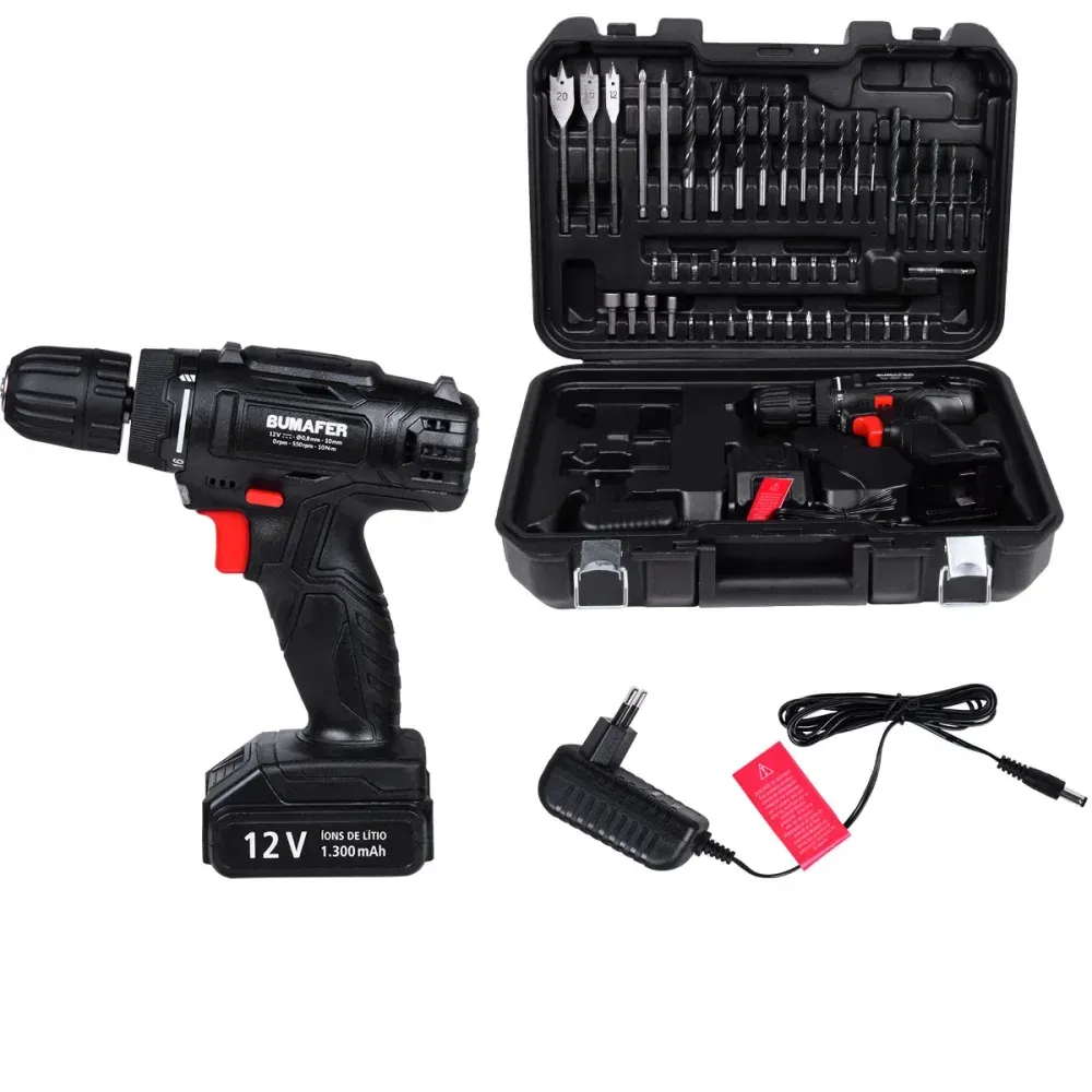 Furadeira Parafusadeira 12V 55 Peças Bivolt Bumafer